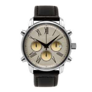 Winter Jewelry’s black leather watch looks classic and easy to read, with gold touches for an elegant style.