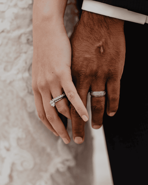 A couple shows their unique love and Winter Jewelry rings, celebrating their bond and individuality.