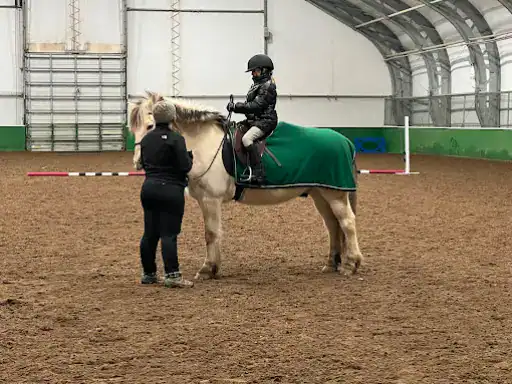 A caring adult in Winter Jewelry diamond jewelry chats with a young rider on a horse, showing trust and encouragement indoors.