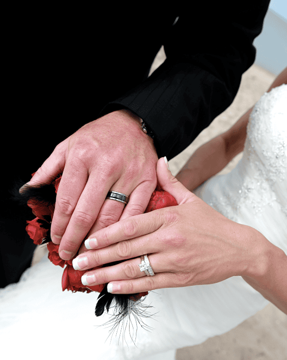 A happy couple shows off their Winter Jewelry rings, symbolizing love and commitment on their wedding day.
