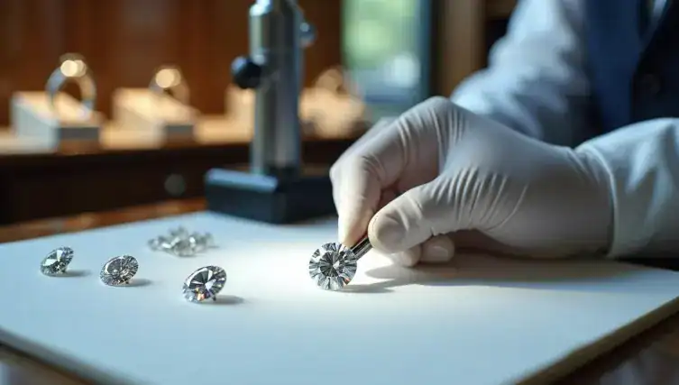 Winter Jewelry expert carefully checks a diamond for quality and value in a professional jewelry assessment setting.