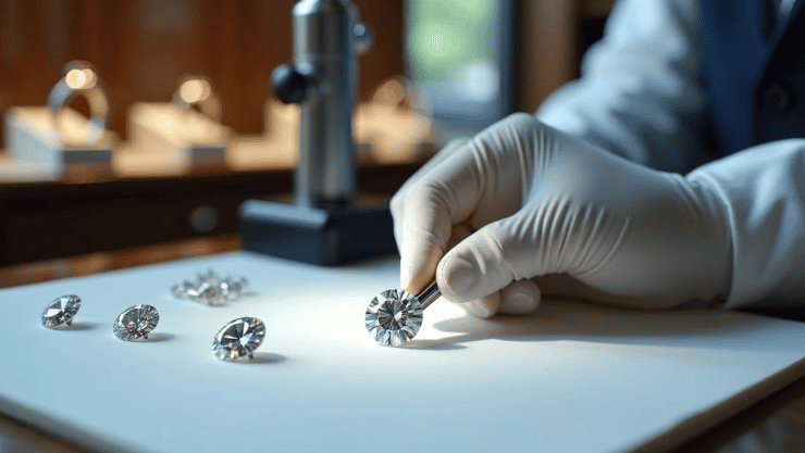 Winter Jewelry experts carefully check a round diamond to ensure quality, showing dedication to fine jewelry craftsmanship.